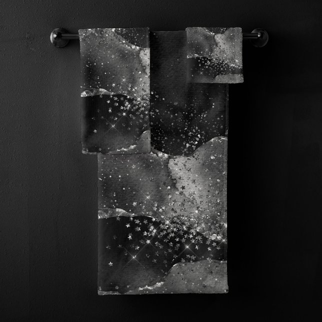Moody Agate | Onyx Black Silver Vampy Goth Glitter Bath Towel Set (Creator Uploaded)
