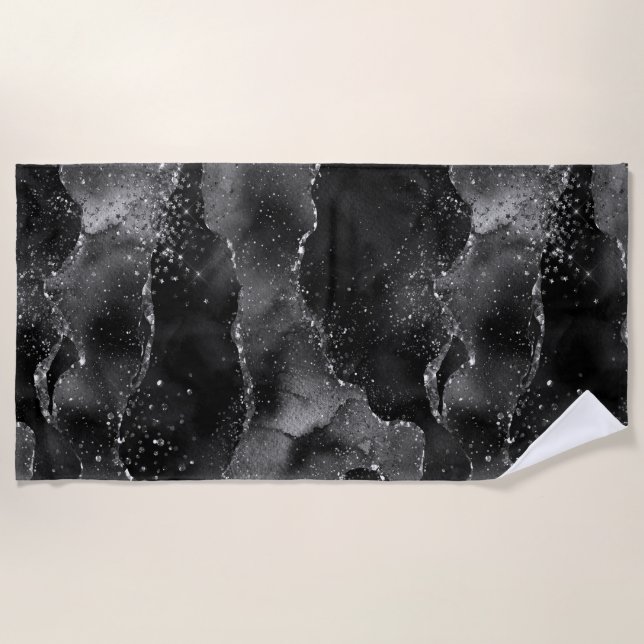 Moody Agate | Onyx Black Silver Vampy Goth Glitter Beach Towel (Front)