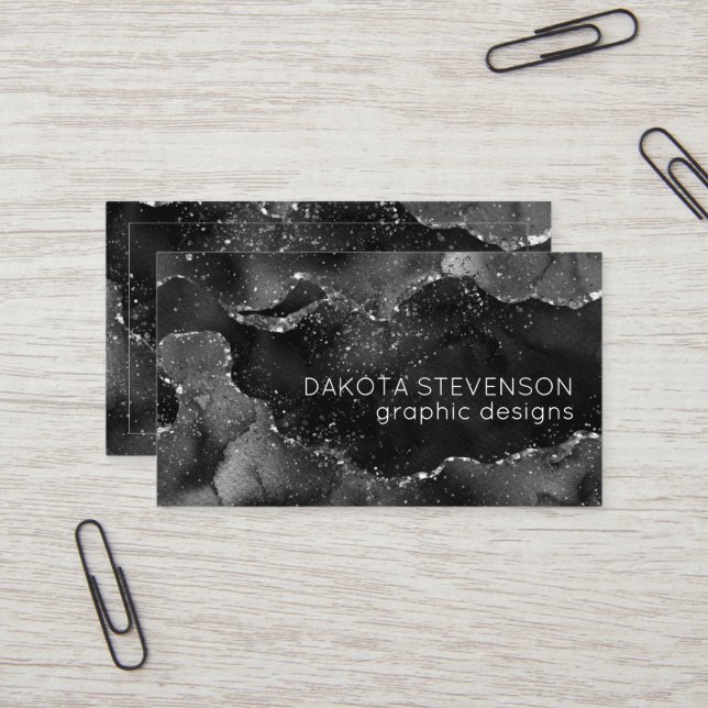Moody Agate | Onyx Black Silver Vampy Goth Glitter Business Card (Front/Back In Situ)