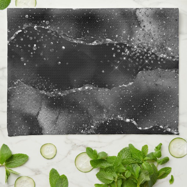 Moody Agate | Onyx Black Silver Vampy Goth Glitter Tea Towel (Folded)