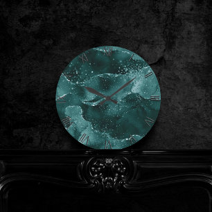 Moody Agate   Teal Green Malachite Rich Jewel Tone Round Clock