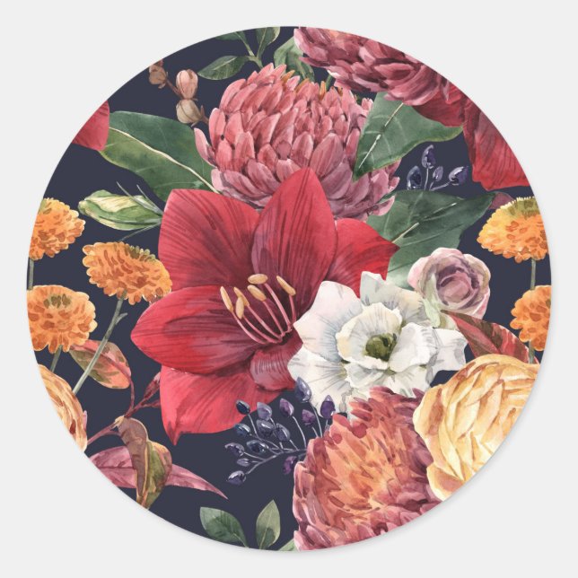 Moody Amaryllis and Chrysanthemum Floral Wedding Classic Round Sticker (Front)