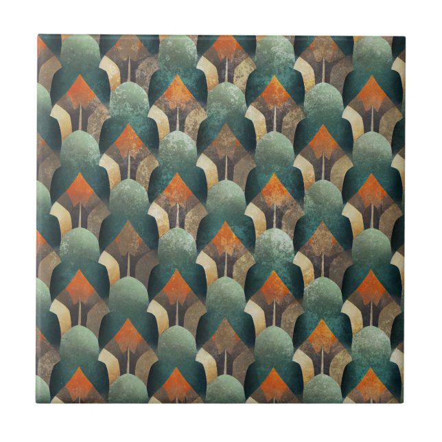 Moody Art Deco Teal & Charcoal Geometric Design Ceramic Tile (Front)