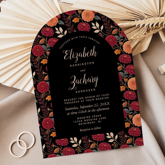 Moody Autumn Floral Pattern Arch Dark Wedding Invitation (Creator Uploaded)