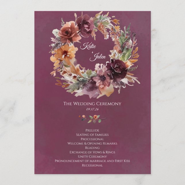 Moody Autumn Floral Wedding Program (Front)