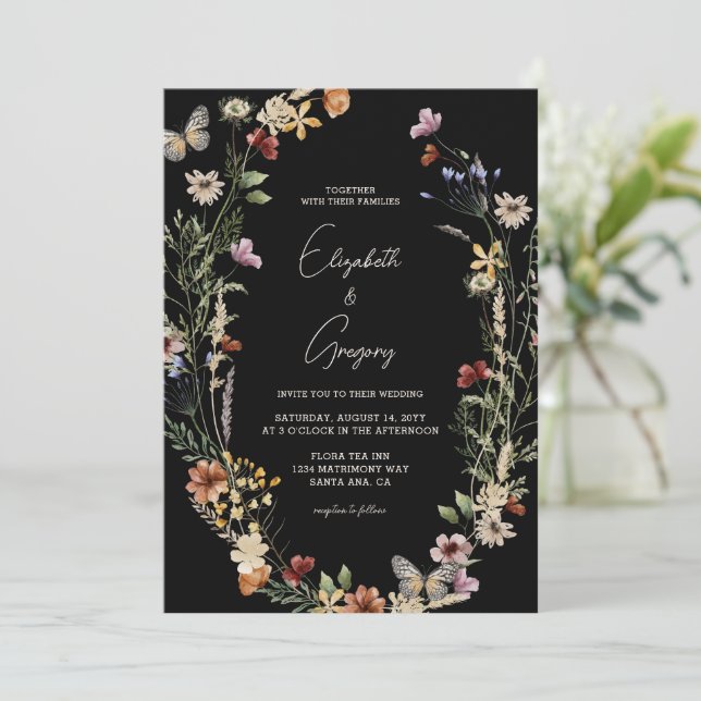 Moody Black Boho Wildflower Wedding Invitation (Standing Front)