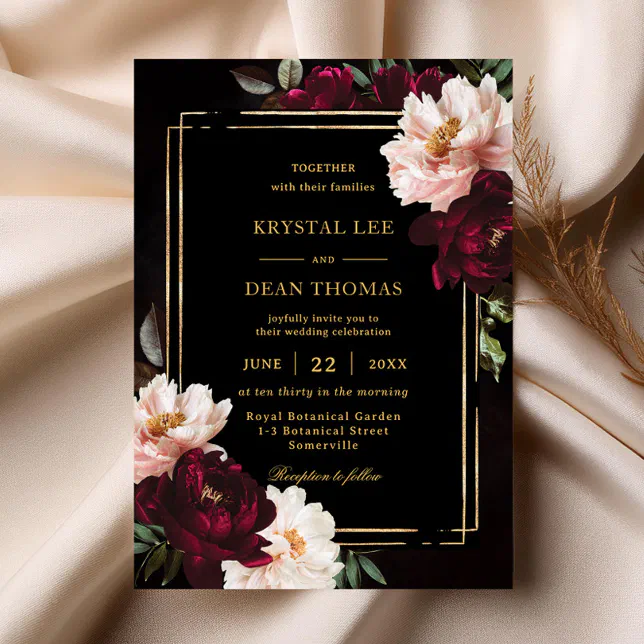 Moody Black Burgundy Blush Floral Peonies Wedding Invitation | Zazzle