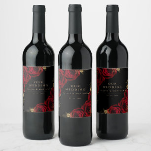 Moody Black Burgundy Roses Wedding Wine Label