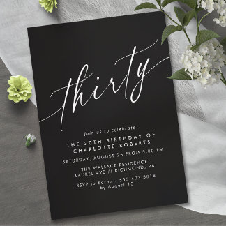 Moody Black | Elegant Script Modern 30th Birthday Invitation