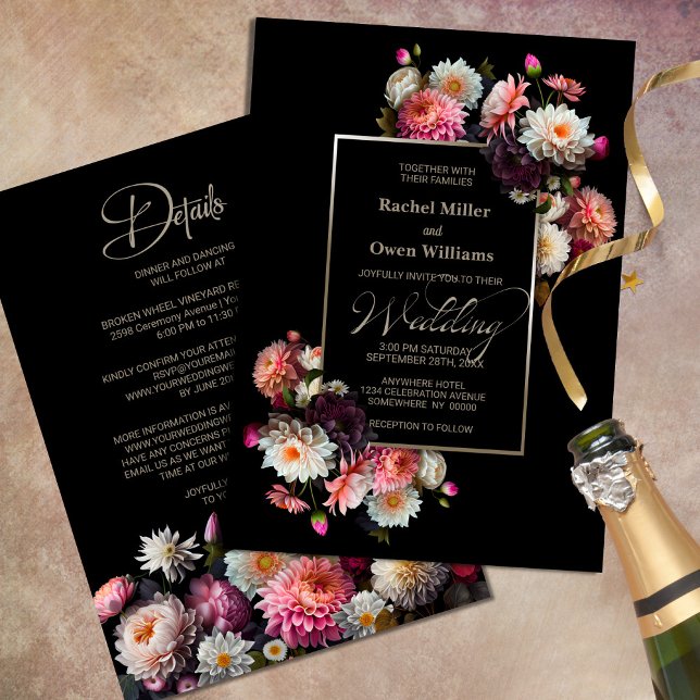 Moody Black Floral All In One Wedding Invitation (Creator Uploaded)