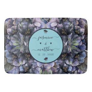 Moody Black Floral Classic Couple Names Wedding Bath Mat