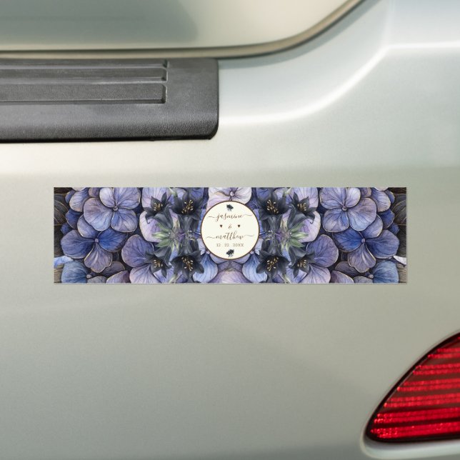 Moody Black Floral Classic Couple Names Wedding Bumper Sticker (On Car)