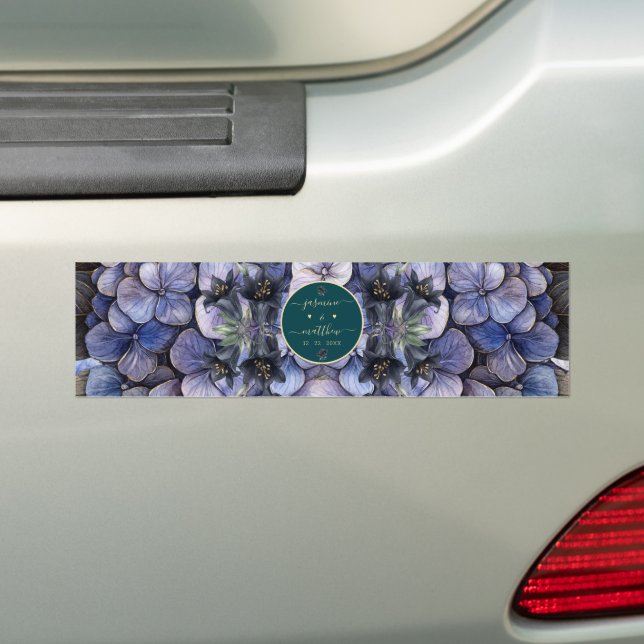 Moody Black Floral Classic Couple Names Wedding Bumper Sticker (On Car)