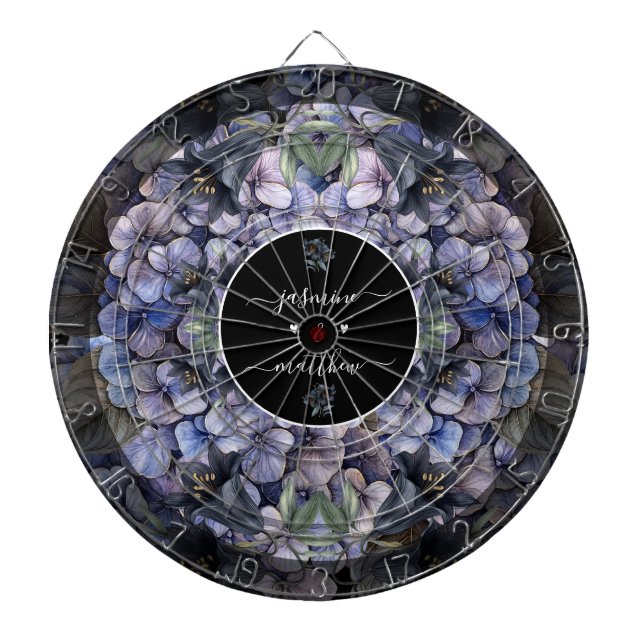Moody Black Floral Classic Couple Names Wedding Dartboard (Front)