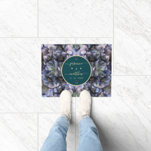 Moody Black Floral Classic Couple Names Wedding Doormat