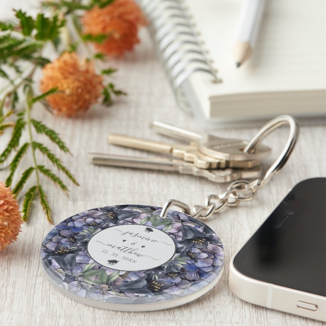 Moody Black Floral Classic Couple Names Wedding Key Ring (Front Right)