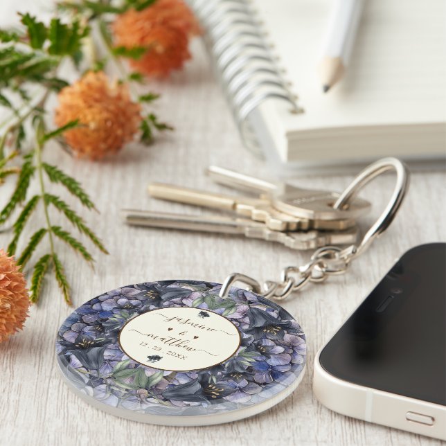 Moody Black Floral Classic Couple Names Wedding Key Ring (Front Right)