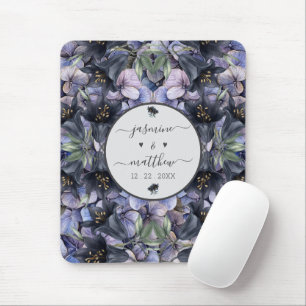 Moody Black Floral Classic Couple Names Wedding Mouse Pad