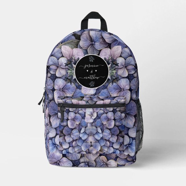 Moody Black Floral Classic Couple Names Wedding Printed Backpack (Front)