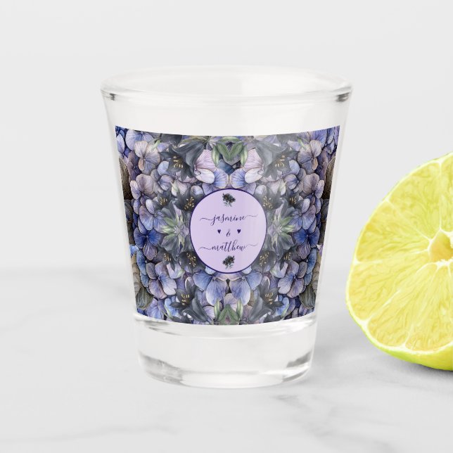 Moody Black Floral Classic Couple Names Wedding Shot Glass (Front)