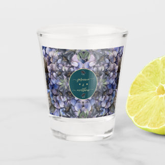 Moody Black Floral Classic Couple Names Wedding Shot Glass