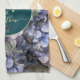 Moody Black Floral Classic Couple Names Wedding Tea Towel