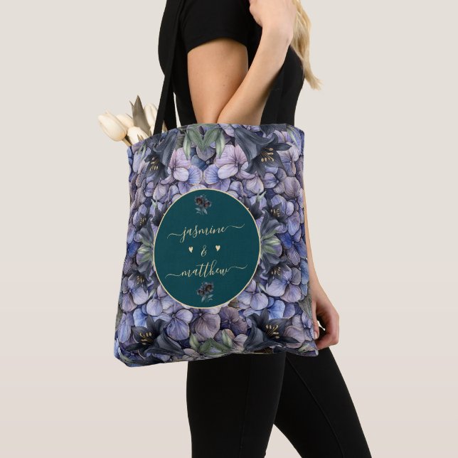 Moody Black Floral Classic Couple Names Wedding Tote Bag (Close Up)