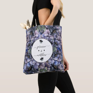 Moody Black Floral Classic Couple Names Wedding Tote Bag
