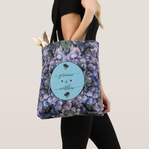 Moody Black Floral Classic Couple Names Wedding Tote Bag