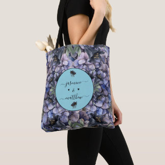 Moody Black Floral Classic Couple Names Wedding Tote Bag