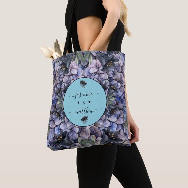Moody Black Floral Classic Couple Names Wedding Tote Bag (Close Up)