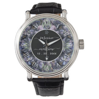 Moody Black Floral Classic Couple Names Wedding Watch