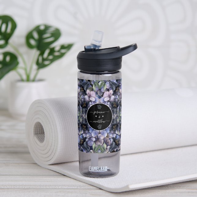 Moody Black Floral Classic Couple Names Wedding Water Bottle (Yoga (Rotated))