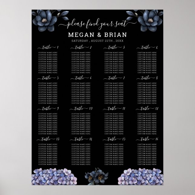 Moody Black Floral Classic Wedding Seating Chart (Front)