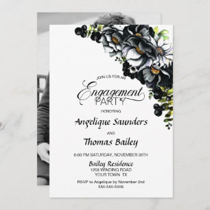 Moody Black Floral Custom Photo Engagement Party Invitation