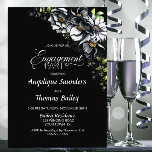 Moody Black Floral Engagement Party Invitation