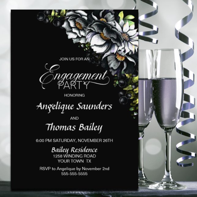 Moody Black Floral Engagement Party Invitation (Creator Uploaded)