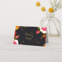 Moody Black Floral Gold Foil Wedding Place Card