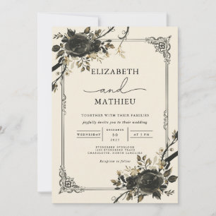 Moody Black Floral Gothic Botanical Wedding Invitation
