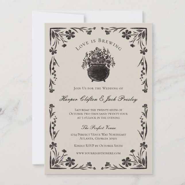 Moody Black Floral Gothic Wedding Invitation (Front)