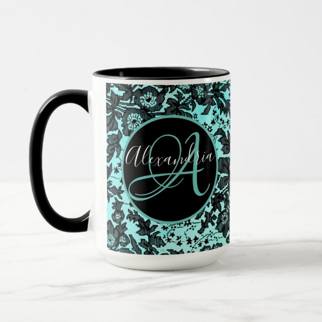 Moody Black Floral on Turquoise Monogram Mug (Left)