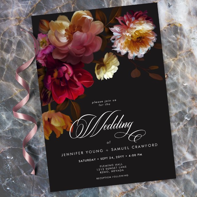 Moody Black Floral Painterly Red Burgundy Wedding Invitation (Moody Black Floral Painterly Red Burgundy Wedding Invitation)