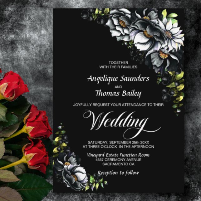 Moody Black Floral Wedding Invitation (Creator Uploaded)