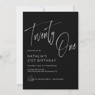 Moody Black Modern Brush Script 21st Birthday Invitation