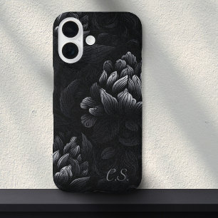Moody Black Peony Monogram Girly Goth Floral  iPhone 16 Case