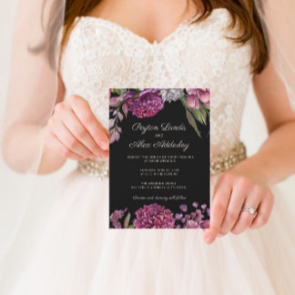 Moody Black Purple Flowers Wedding Invitation