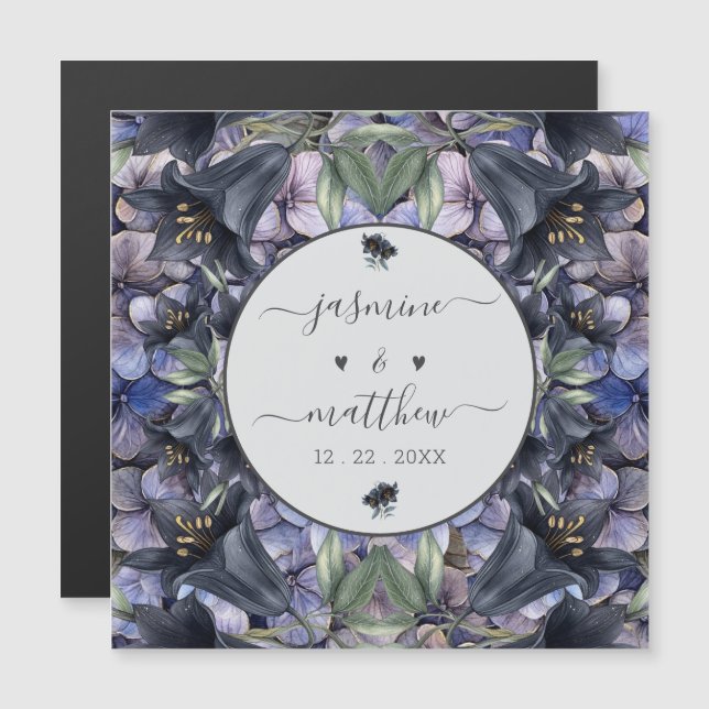 Moody Black Rose Couple Name Wedding Magnetic Card (Front/Back)