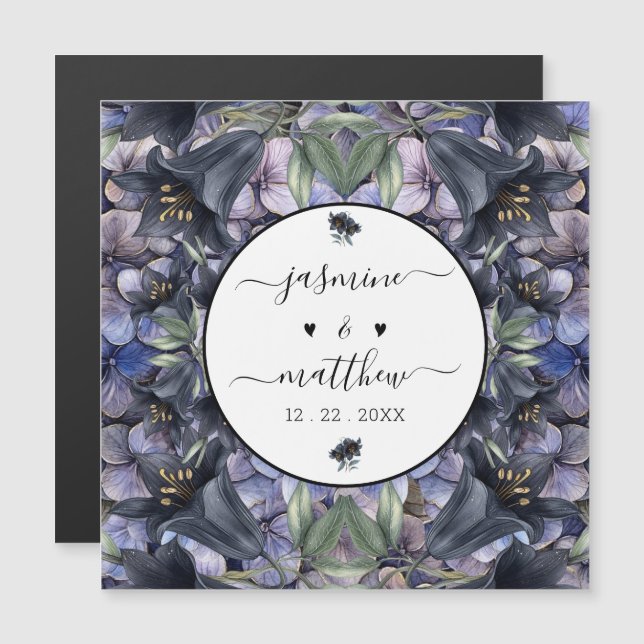 Moody Black Rose Couple Name Wedding Magnetic Card (Front/Back)