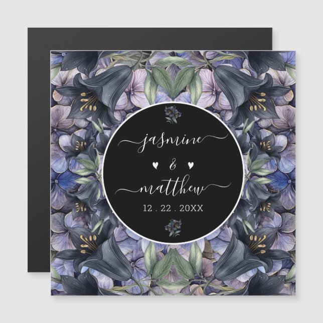 Moody Black Rose Couple Name Wedding Magnetic Card (Front/Back)