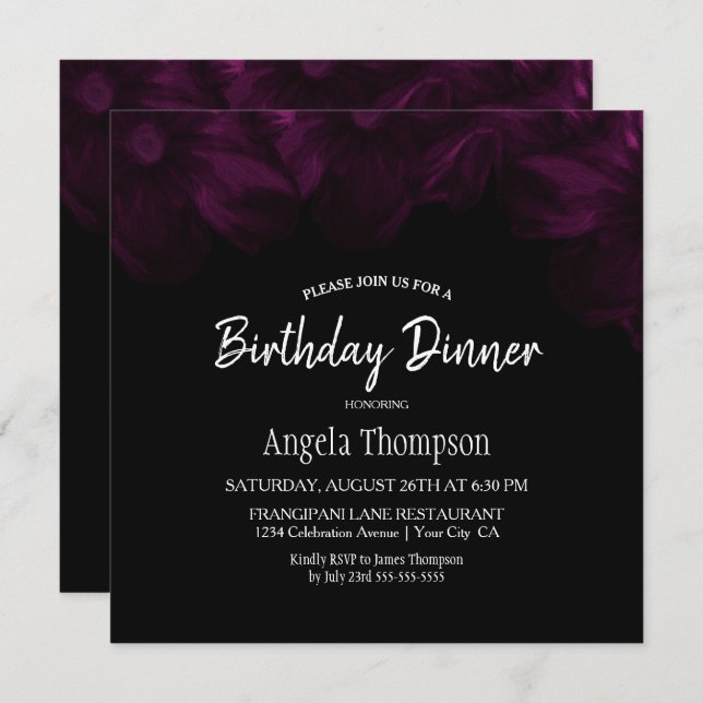 Moody Black with Pink Floral Birthday Dinner Party Invitation (Front/Back)